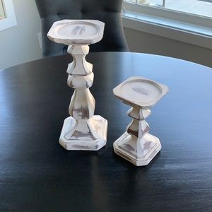 Two pillar style candle sticks. White, farmhouse, shabby chic style.